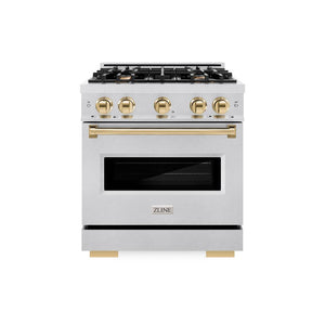 ZLINE Autograph Edition 30 in. 4.2 cu. ft. Classic Dual Fuel Range with 4 Burner Gas Cooktop and Electric Convection Oven in DuraSnow® Stainless Steel with Polished Gold Accents (CDRSZ-30-G)