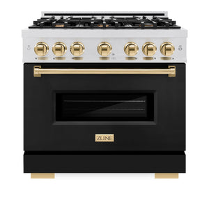 ZLINE Autograph Edition 36 in. 5.2 cu. ft. Classic Dual Fuel Range with 6 Burner Gas Cooktop and Electric Convection Oven in DuraSnow® Stainless Steel with Black Matte Door and Polished Gold Accents (CDRSZ-BLM-36-G)