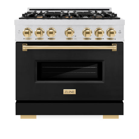 ZLINE Autograph Edition 36 in. 5.2 cu. ft. Classic Dual Fuel Range with 6 Burner Gas Cooktop and Electric Convection Oven in DuraSnow® Stainless Steel with Black Matte Door and Polished Gold Accents (CDRSZ-BLM-36-G)