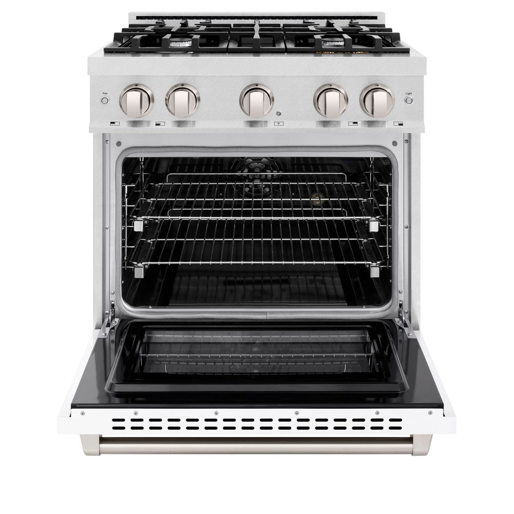 ZLINE 30 in. 4.2 cu. ft. Select Dual Fuel Range with 4 Burner Gas Cooktop and Electric Convection Oven in DuraSnow® Stainless Steel with White Matte Door (HDRS-WM-30)