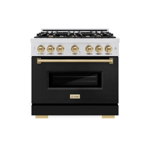 ZLINE Autograph Edition 36 in. 5.2 cu. ft. Classic Gas Range with 6 Burner Cooktop and Convection Gas Oven in DuraSnow® Stainless Steel with Black Matte Door and Champagne Bronze Accents (CGRSZ-BLM-36-CB)