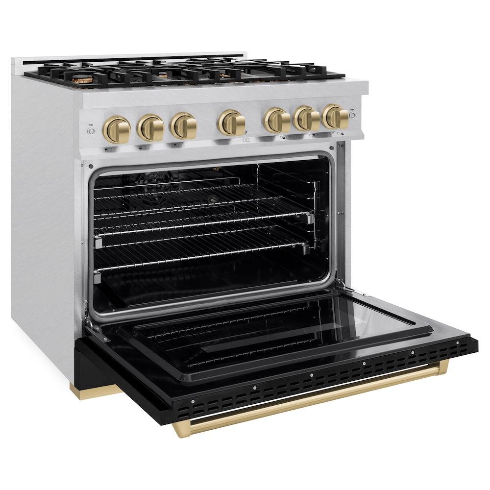 ZLINE Autograph Edition 36 in. 5.2 cu. ft. Classic Gas Range with 6 Burner Cooktop and Convection Gas Oven in DuraSnow® Stainless Steel with Black Matte Door and Champagne Bronze Accents (CGRSZ-BLM-36-CB)