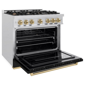 ZLINE Autograph Edition 36 in. 5.2 cu. ft. Classic Gas Range with 6 Burner Cooktop and Convection Gas Oven in DuraSnow® Stainless Steel with Black Matte Door and Champagne Bronze Accents (CGRSZ-BLM-36-CB)