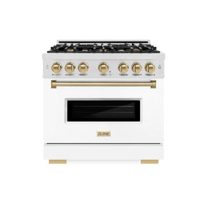 ZLINE Autograph Edition 36 in. 5.2 cu. ft. Classic Gas Range with 6 Burner Cooktop and Convection Gas Oven in DuraSnow® Stainless Steel with White Matte Door and Champagne Bronze Accents (CGRSZ-WM-36-CB)