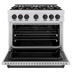 ZLINE Autograph Edition 36 in. 5.2 cu. ft. Classic Gas Range with 6 Burner Cooktop and Convection Gas Oven in DuraSnow® Stainless Steel and Matte Black Accents (CGRSZ-36-MB)