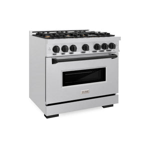 ZLINE Autograph Edition 36 in. 5.2 cu. ft. Classic Gas Range with 6 Burner Cooktop and Convection Gas Oven in DuraSnow® Stainless Steel and Matte Black Accents (CGRSZ-36-MB)