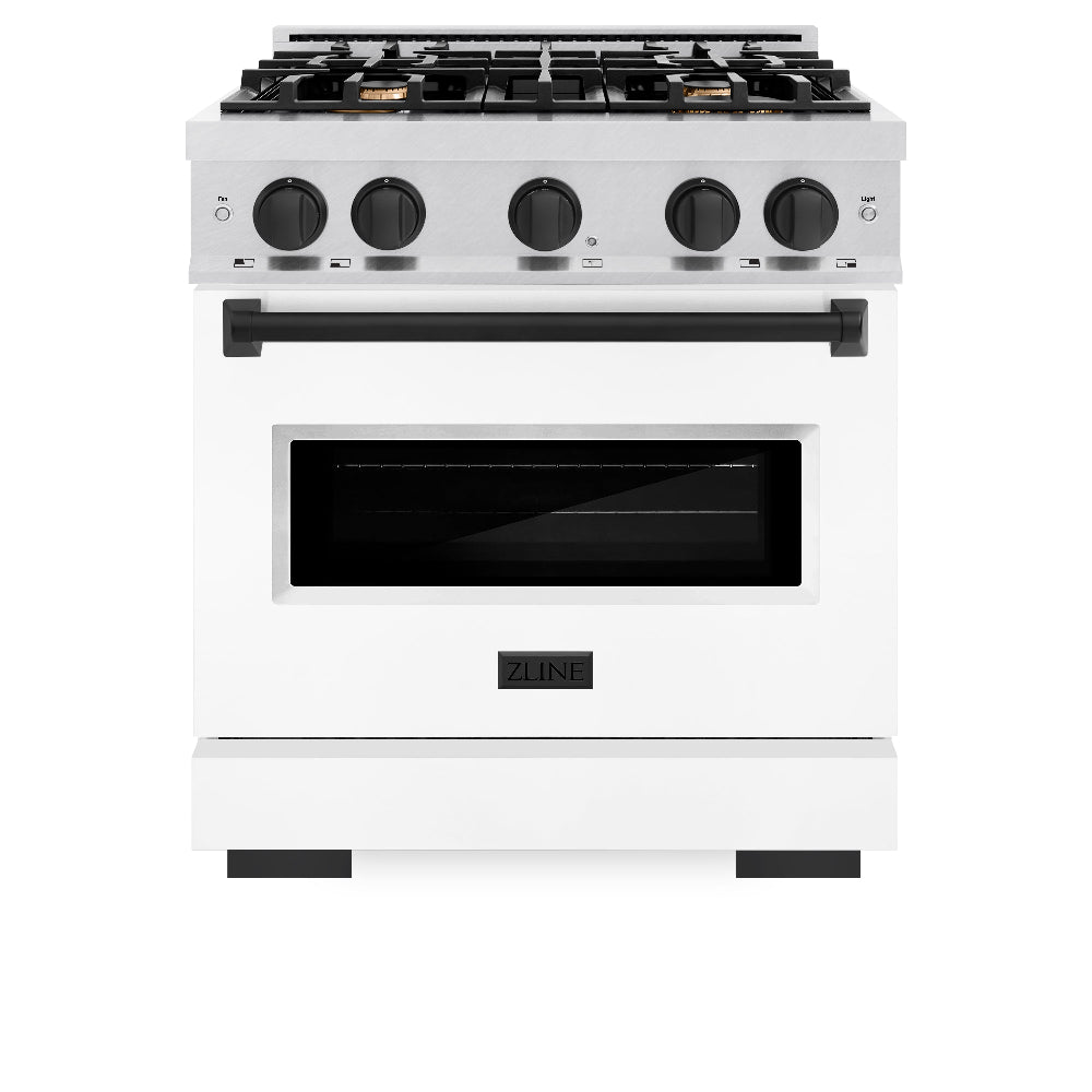ZLINE Autograph Edition 30 in. 4.2 cu. ft. Classic Gas Range with 4 Burner Cooktop and Convection Gas Oven in DuraSnow® Stainless Steel with White Matte Door and Matte Black Accents (CGRSZ-WM-30-MB)
