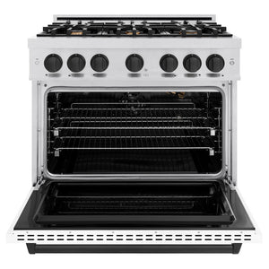 ZLINE Autograph Edition 36 in. 5.2 cu. ft. Classic Gas Range with 6 Burner Cooktop and Convection Gas Oven in DuraSnow® Stainless Steel with White Matte Door and Matte Black Accents (CGRSZ-WM-36-MB)