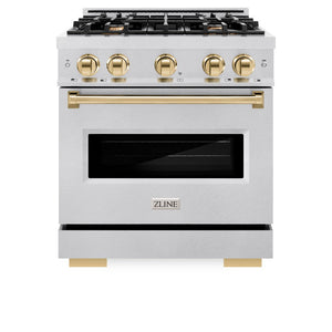 ZLINE Autograph Edition 30 in. 4.2 cu. ft. Classic Gas Range with 4 Burner Cooktop and Convection Gas Oven in DuraSnow® Stainless Steel and Polished Gold Accents (CGRSZ-30-G)