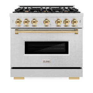 ZLINE Autograph Edition 36 in. 5.2 cu. ft. Classic Gas Range with 6 Burner Cooktop and Convection Gas Oven in DuraSnow® Stainless Steel and Polished Gold Accents (CGRSZ-36-G)