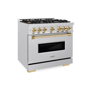 ZLINE Autograph Edition 36 in. 5.2 cu. ft. Classic Gas Range with 6 Burner Cooktop and Convection Gas Oven in DuraSnow® Stainless Steel and Polished Gold Accents (CGRSZ-36-G)