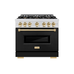 ZLINE Autograph Edition 36 in. 5.2 cu. ft. Classic Gas Range with 6 Burner Cooktop and Convection Gas Oven in DuraSnow® Stainless Steel with Black Matte Door and Polished Gold Accents (CGRSZ-BLM-36-G)