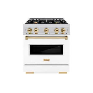 ZLINE Autograph Edition 30 in. 4.2 cu. ft. Classic Dual Fuel Range with 4 Burner Gas Cooktop and Electric Convection Oven in Stainless Steel with White Matte Door and Polished Gold Accents (CDRZ-WM-30-G)