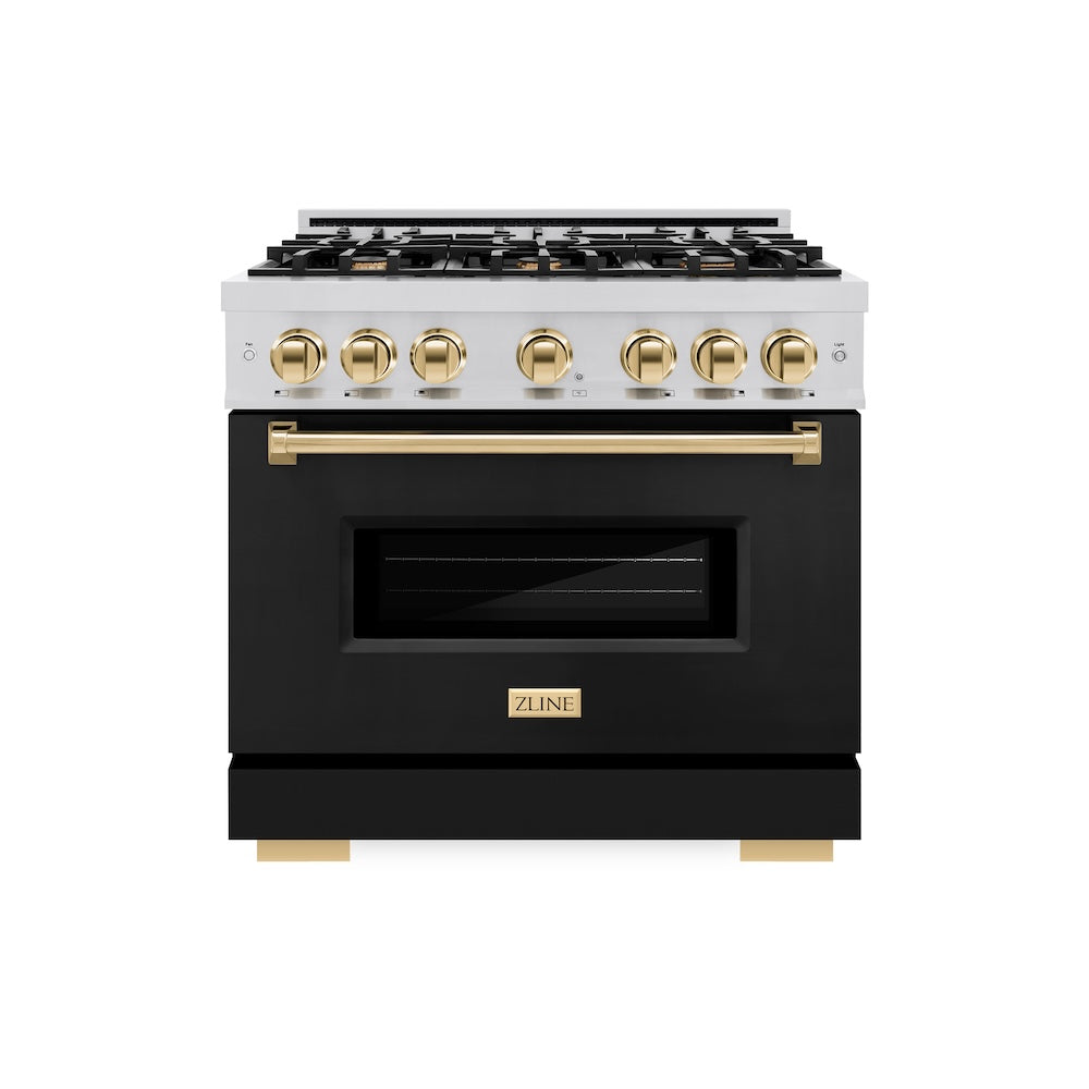 ZLINE Autograph Edition 36 in. 5.2 cu. ft. Classic Dual Fuel Range with 6 Burner Gas Cooktop and Electric Convection Oven in Stainless Steel with Black Matte Door and Polished Gold Accents (CDRZ-BLM-36-G)