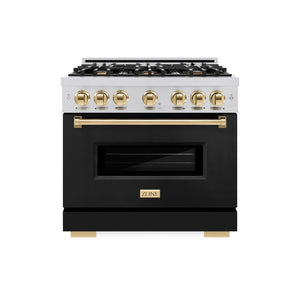 ZLINE Autograph Edition 36 in. 5.2 cu. ft. Classic Dual Fuel Range with 6 Burner Gas Cooktop and Electric Convection Oven in Stainless Steel with Black Matte Door and Polished Gold Accents (CDRZ-BLM-36-G)