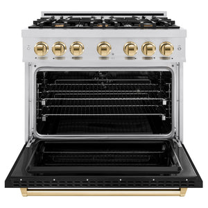 ZLINE Autograph Edition 36 in. 5.2 cu. ft. Classic Dual Fuel Range with 6 Burner Gas Cooktop and Electric Convection Oven in Stainless Steel with Black Matte Door and Polished Gold Accents (CDRZ-BLM-36-G)