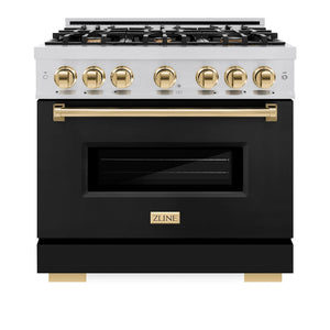 ZLINE Autograph Edition 36 in. 5.2 cu. ft. Classic Dual Fuel Range with 6 Burner Gas Cooktop and Electric Convection Oven in Stainless Steel with Black Matte Door and Polished Gold Accents (CDRZ-BLM-36-G)