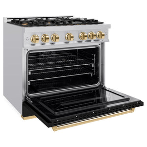 ZLINE Autograph Edition 36 in. 5.2 cu. ft. Classic Dual Fuel Range with 6 Burner Gas Cooktop and Electric Convection Oven in Stainless Steel with Black Matte Door and Polished Gold Accents (CDRZ-BLM-36-G)