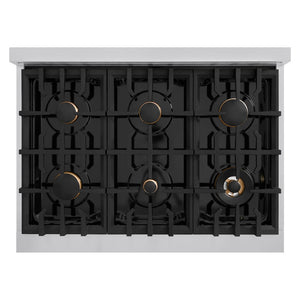 ZLINE Autograph Edition 36 in. 5.2 cu. ft. Classic Dual Fuel Range with 6 Burner Gas Cooktop and Electric Convection Oven in Stainless Steel with Black Matte Door and Polished Gold Accents (CDRZ-BLM-36-G)