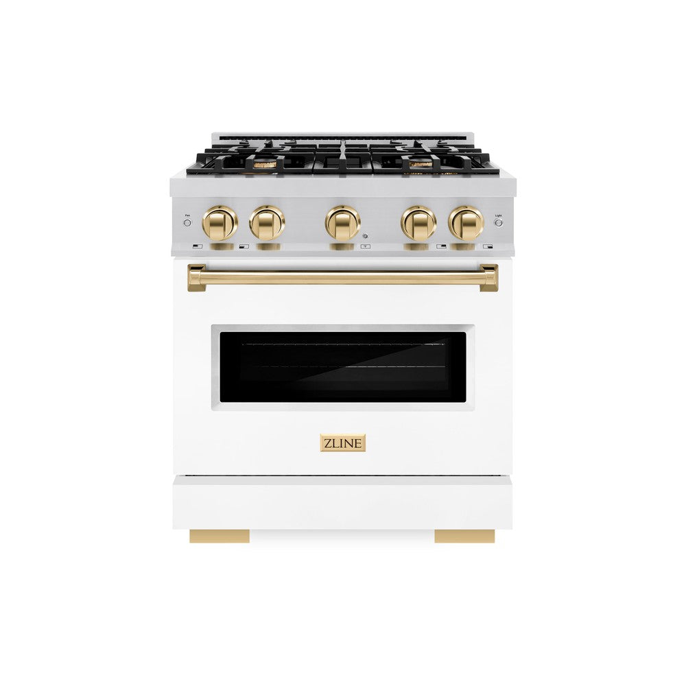 ZLINE Autograph Edition 30 in. 4.2 cu. ft. Classic Gas Range with 4 Burner Cooktop and Convection Gas Oven in Stainless Steel with White Matte Door and Polished Gold Accents (CGRZ-WM-30-G)