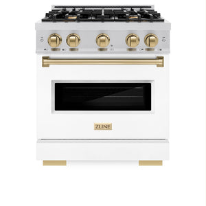 ZLINE Autograph Edition 30 in. 4.2 cu. ft. Classic Gas Range with 4 Burner Cooktop and Convection Gas Oven in Stainless Steel with White Matte Door and Champagne Bronze Accents (CGRZ-WM-30-CB)