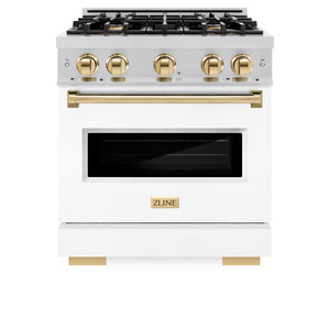 ZLINE Autograph Edition 30 in. 4.2 cu. ft. Classic Gas Range with 4 Burner Cooktop and Convection Gas Oven in Stainless Steel with White Matte Door and Polished Gold Accents (CGRZ-WM-30-G)