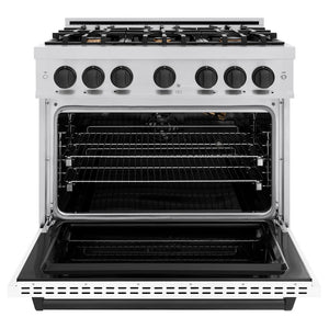 ZLINE Autograph Edition 36 in. 5.2 cu. ft. Classic Gas Range with 6 Burner Cooktop and Convection Gas Oven in Stainless Steel with White Matte Door and Matte Black Accents (CGRZ-WM-36-MB)