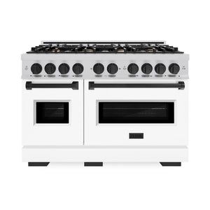 ZLINE Autograph Edition 48 in. 6.7 cu. ft. Classic Double Oven Gas Range with 8 Burner Cooktop in Stainless Steel with White Matte Doors and Matte Black Accents (CGRZ-WM-48-MB)