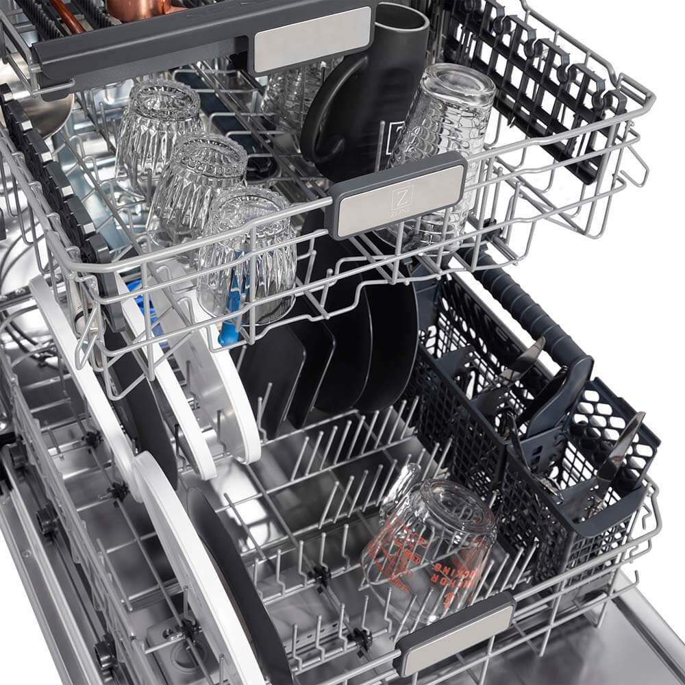 ZLINE 24 in. Monument Series 3rd Rack Top Touch Control Dishwasher with Blue Gloss Panel, 45dBa (DWMT-24-BG)