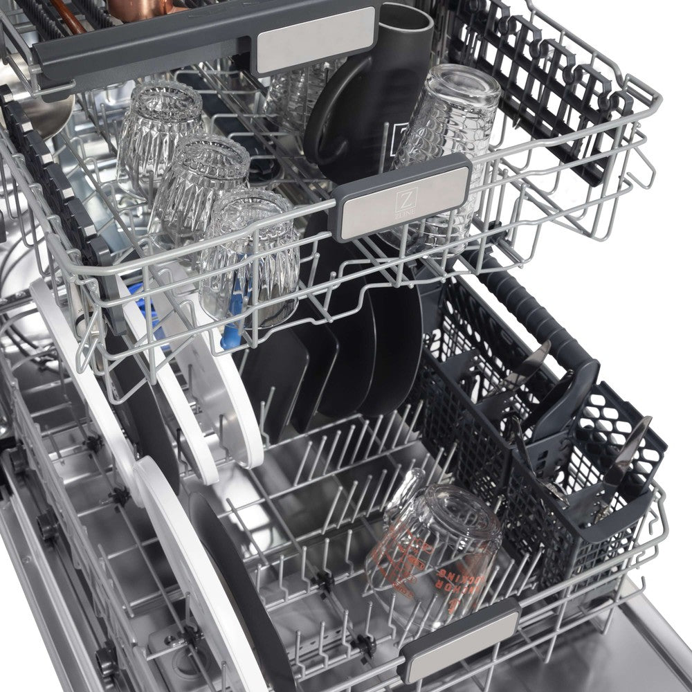 ZLINE 24 in. Monument Series 3rd Rack Top Touch Control Dishwasher with Red Gloss Panel, 45dBa (DWMT-RG-24)