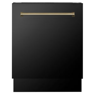 ZLINE Autograph Edition 48 in. Kitchen Package with Black Stainless Steel Dual Fuel Range, Range Hood, Dishwasher and Refrigerator with Champagne Bronze Accents (4AKPR-RABRHDWV48-CB)