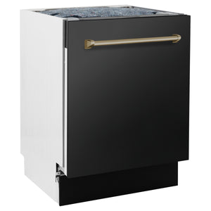 ZLINE Autograph Edition 48 in. Kitchen Package with Black Stainless Steel Dual Fuel Range, Range Hood and Dishwasher with Polished Gold Accents (3AKP-RABRHDWV48-G)