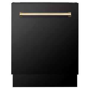 ZLINE Autograph Edition 30 in. Kitchen Package with Black Stainless Steel Dual Fuel Range, Range Hood, Dishwasher, and Refrigerator with External Water Dispenser with Polished Gold Accents (4AKPR-RABRHDWV30-G)