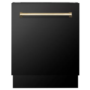 ZLINE Autograph Edition 36 in. Kitchen Package with Black Stainless Steel Dual Fuel Range, Range Hood, Dishwasher and Refrigerator with Polished Gold Accents (4AKPR-RABRHDWV36-G)