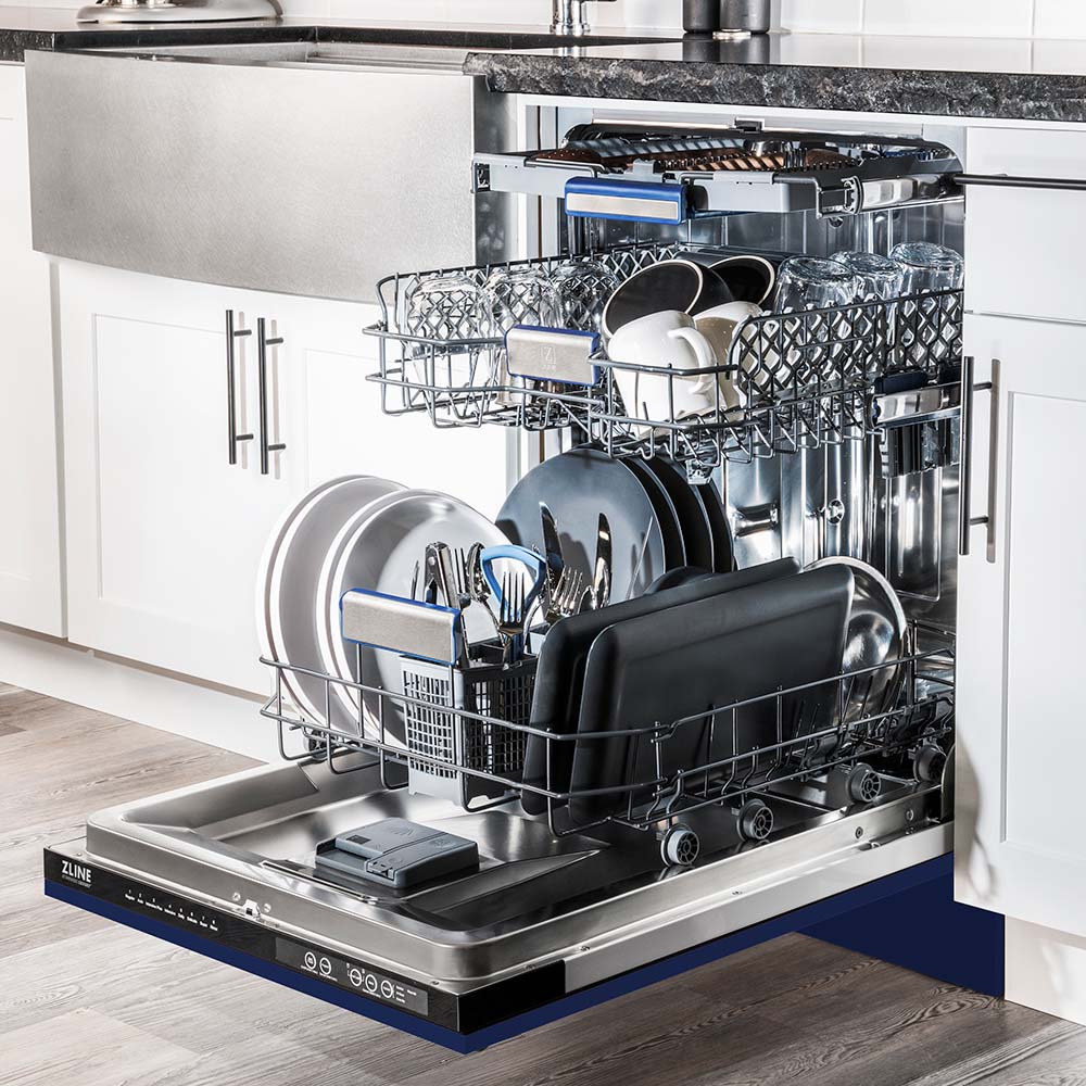 ZLINE 24 in. Tallac Series 3rd Rack Dishwasher with Blue Gloss Panel and Traditional Handle, 51dBa (DWV-BG-24)