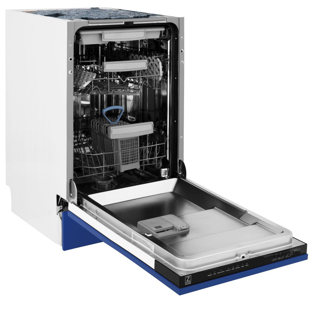 ZLINE 18 in. Tallac Series 3rd Rack Top Control Dishwasher with a Stainless Steel Tub with Blue Matte Panel, 51dBa (DWV-BM-18)