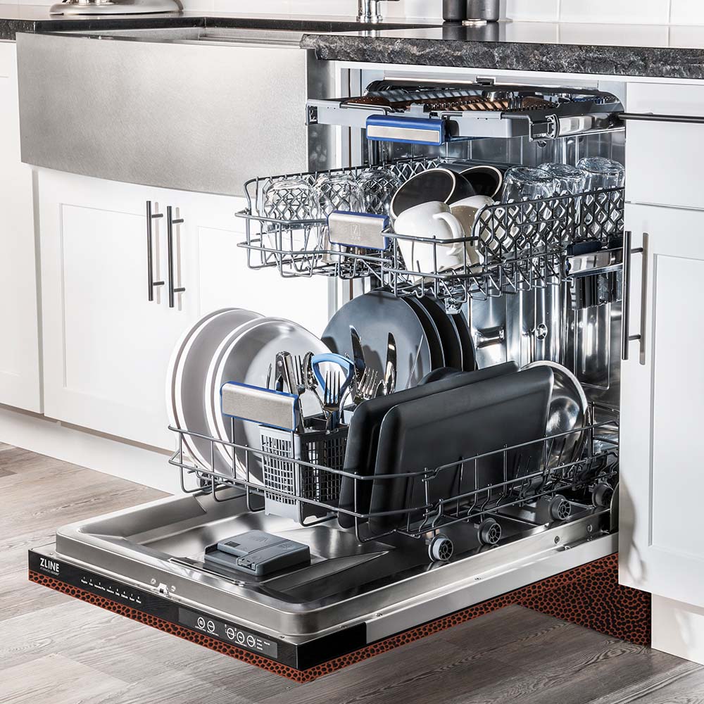 ZLINE 24 in. Tallac Series 3rd Rack Dishwasher with Hand-Hammered Copper Panel and Traditional Handle, 51dBa (DWV-HH-24)