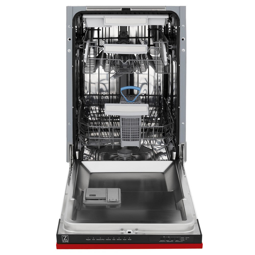 ZLINE 18 in. Tallac Series 3rd Rack Top Control Dishwasher with a Stainless Steel Tub with Red Matte Panel, 51dBa (DWV-RM-18)