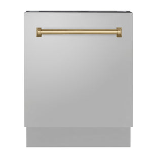 ZLINE Autograph Edition 24 in. 3rd Rack Top Control Tall Tub Dishwasher in Stainless Steel with Champagne Bronze Handle, 51dBa (DWVZ-304-24-CB)