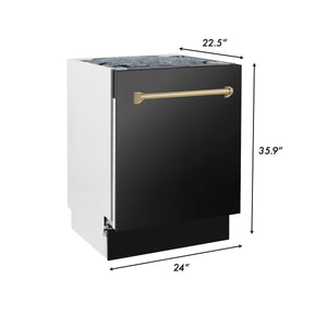 ZLINE Autograph Edition 48 in. Kitchen Package with Black Stainless Steel Dual Fuel Range, Range Hood and Dishwasher with Polished Gold Accents (3AKP-RABRHDWV48-G)
