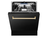 ZLINE Autograph Edition 48 in. Kitchen Package with Black Stainless Steel Dual Fuel Range, Range Hood and Dishwasher with Polished Gold Accents (3AKP-RABRHDWV48-G)