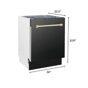 ZLINE Autograph Edition 36 in. Kitchen Package with Black Stainless Steel Dual Fuel Range, Range Hood, Dishwasher and Refrigerator with Polished Gold Accents (4AKPR-RABRHDWV36-G)