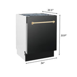 ZLINE 48 in. Autograph Edition Kitchen Package with Black Stainless Steel Dual Fuel Range, Range Hood, Dishwasher and Refrigeration Including External Water Dispenser with Polished Gold Accents (4AKPR-RABRHDWV48-G)