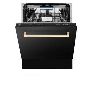 ZLINE Autograph Edition 24 in. 3rd Rack Top Control Tall Tub Dishwasher in Black Stainless Steel with Polished Gold Accent Handle, 51dBa (DWVZ-BS-24-G)