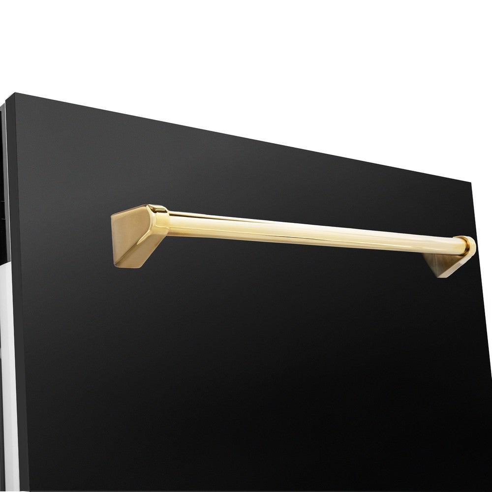 ZLINE Autograph Edition 36 in. Kitchen Package with Black Stainless Steel Dual Fuel Range, Range Hood, Dishwasher and Refrigeration with Polished Gold Accents (4AKPR-RABRHDWV36-G)