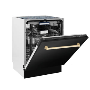 ZLINE Autograph Edition 30 in. Kitchen Package with Black Stainless Steel Dual Fuel Range, Range Hood, Dishwasher, and Refrigerator with External Water Dispenser with Polished Gold Accents (4AKPR-RABRHDWV30-G)
