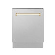 ZLINE Autograph Edition 24 in. 3rd Rack Top Control Tall Tub Dishwasher in Fingerprint Resistant Satin Stainless Steel with Polished Gold Accent Handle, 51dBa (DWVZ-SN-24-G) front, closed.