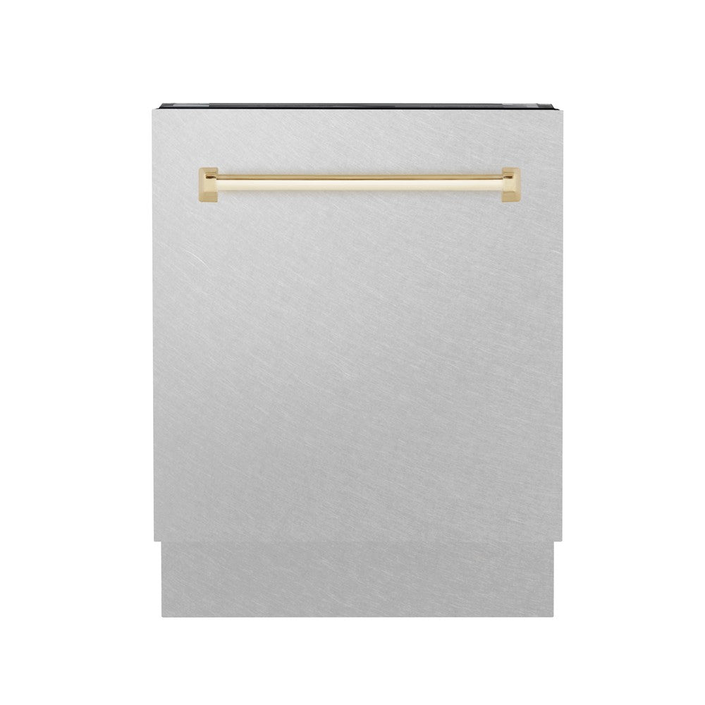 ZLINE Autograph Edition 24 in. 3rd Rack Top Control Tall Tub Dishwasher in Fingerprint Resistant Satin Stainless Steel with Polished Gold Accent Handle, 51dBa (DWVZ-SN-24-G) front, closed.