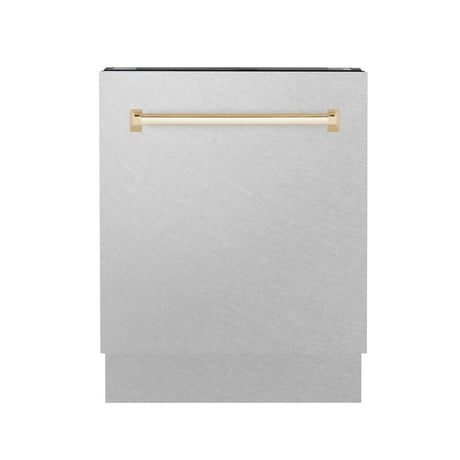 ZLINE Autograph Edition 24 in. 3rd Rack Top Control Tall Tub Dishwasher in Fingerprint Resistant Satin Stainless Steel with Polished Gold Accent Handle, 51dBa (DWVZ-SN-24-G) front, closed.