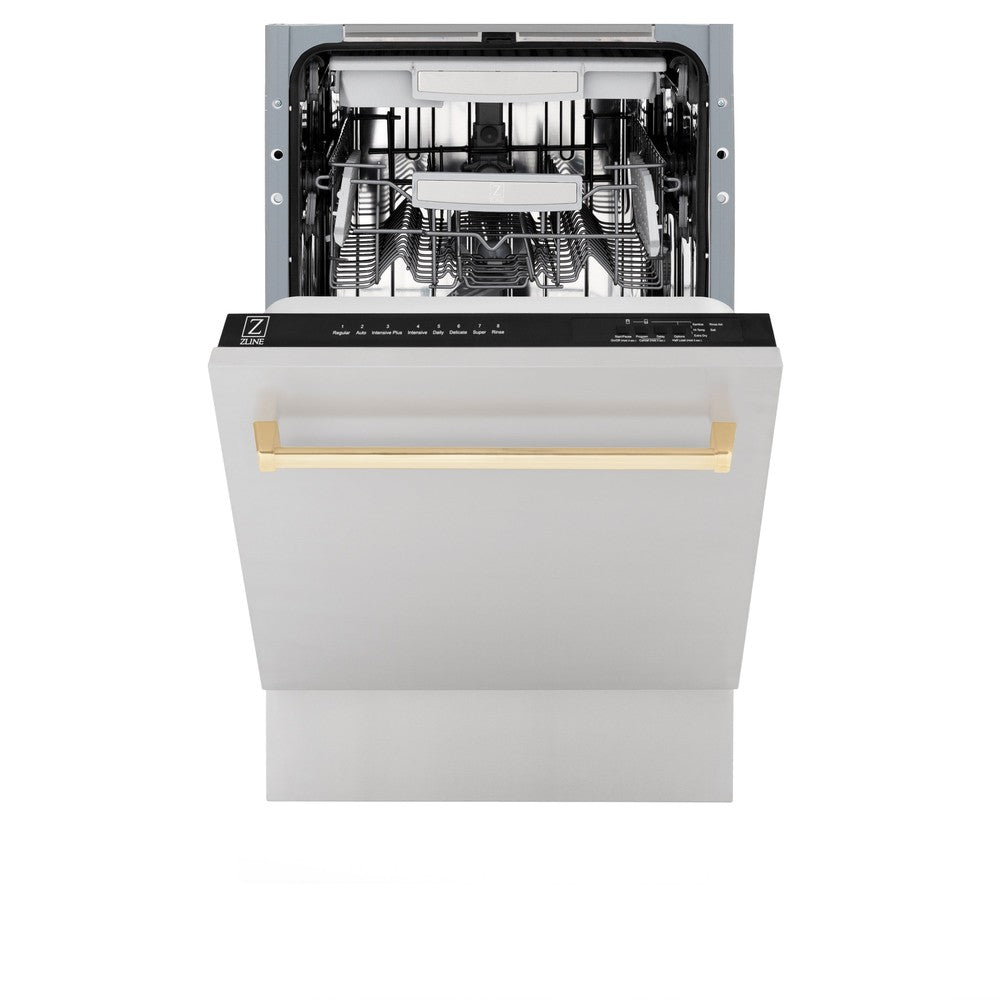 ZLINE Autograph Edition 18 in. Compact 3rd Rack Top Control Dishwasher in Stainless Steel with Polished Gold Handle, 51dBa (DWVZ-304-18-G)